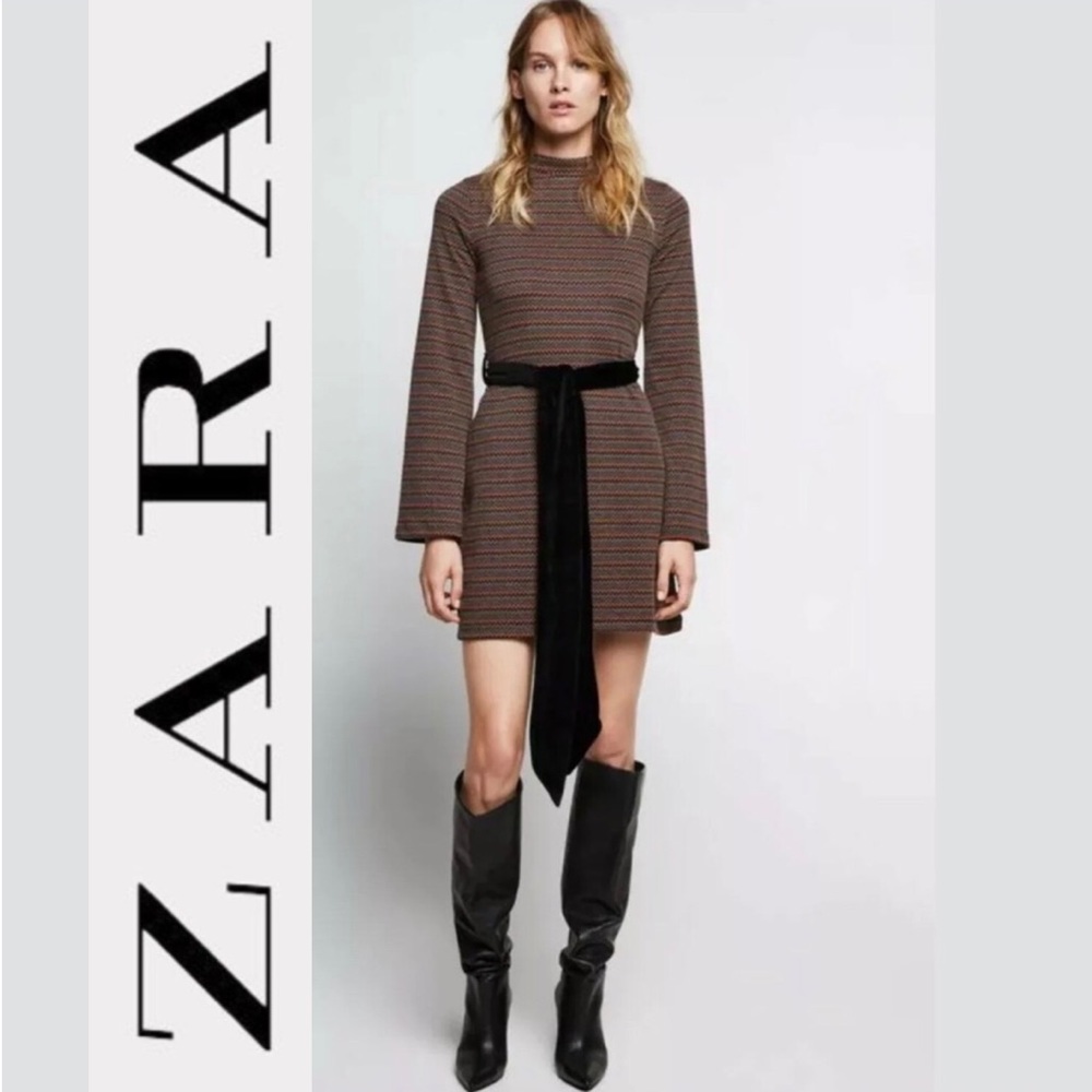 ZARA Mini Dress Tunic Zig Zag Chevron Retro NEW Size Small